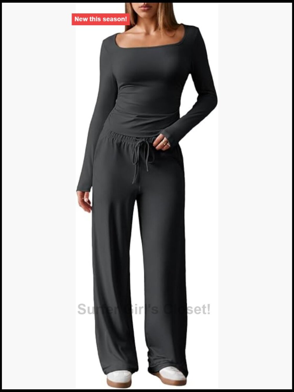 Long Sleeve Square Neck Crop Top Wide Leg Pant Lounge Set 2 Piece Track Suit